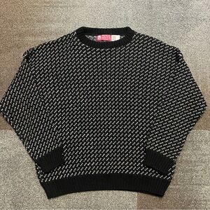 VTG LL Bean Style Birds Eye Wool Sweater Large Black White Fisherman Preppy 90s